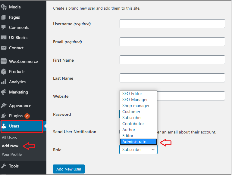 User section in admin dashboard