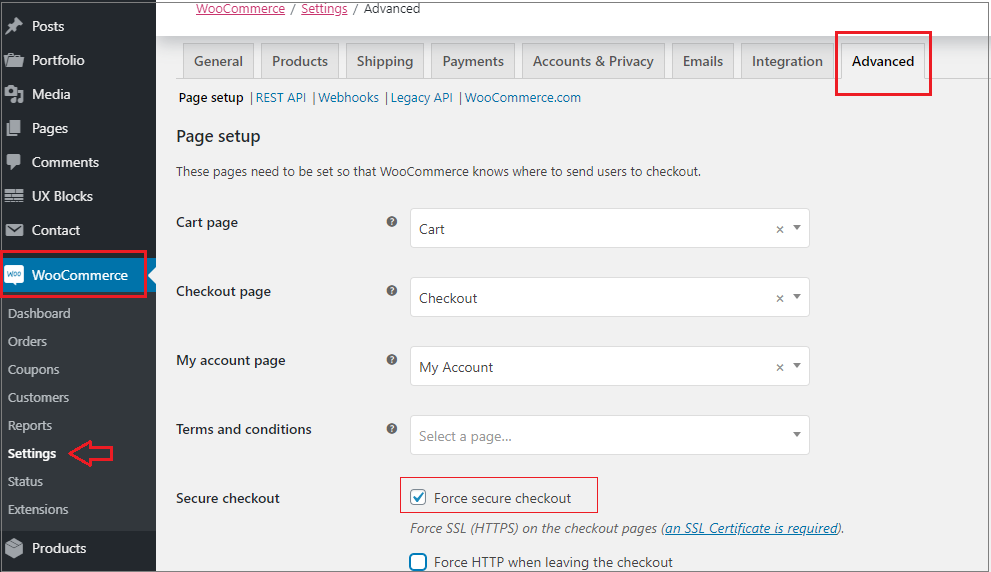 checking force secure checkout from WooCommerce advanced settings