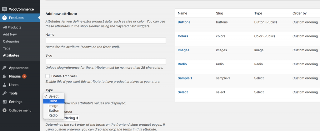 Configure attributes for WooCommerce variation swatches