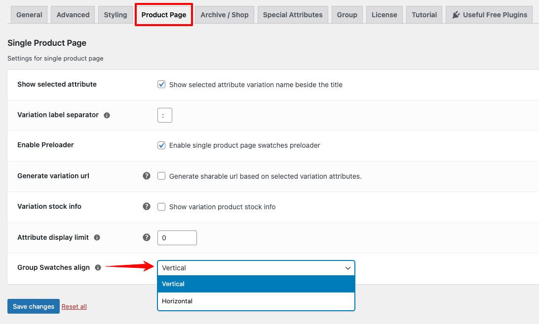 Group swatches alignment on product page