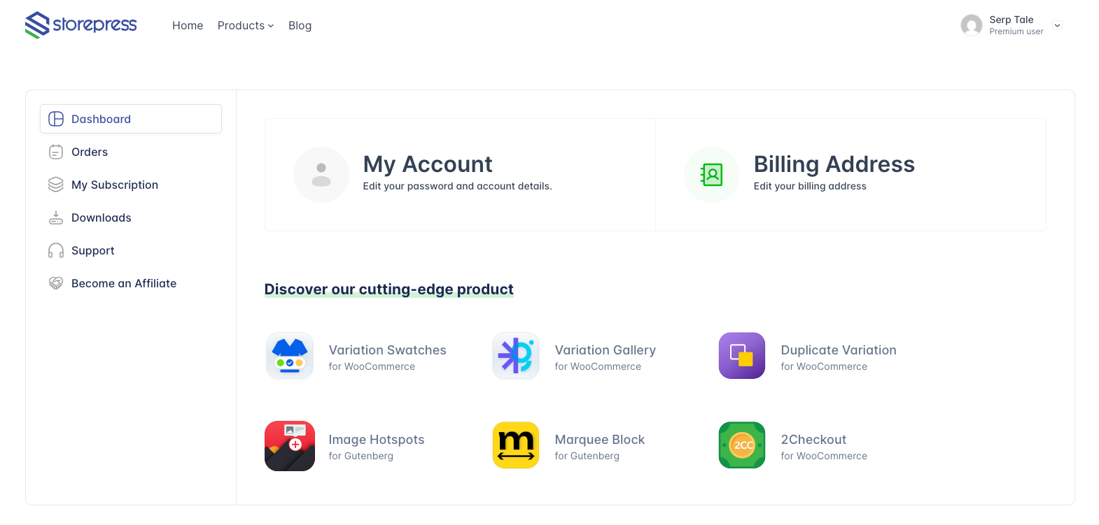 StorePress my account interface