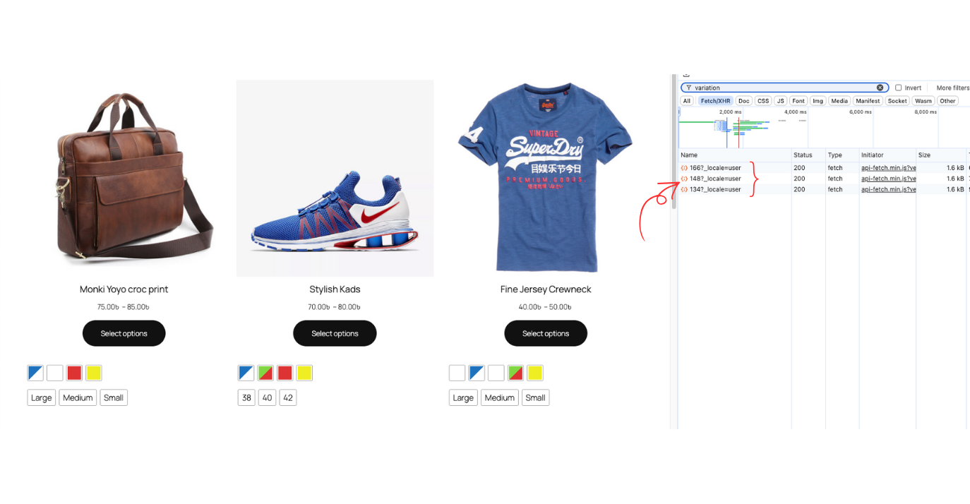 Variable products load by api