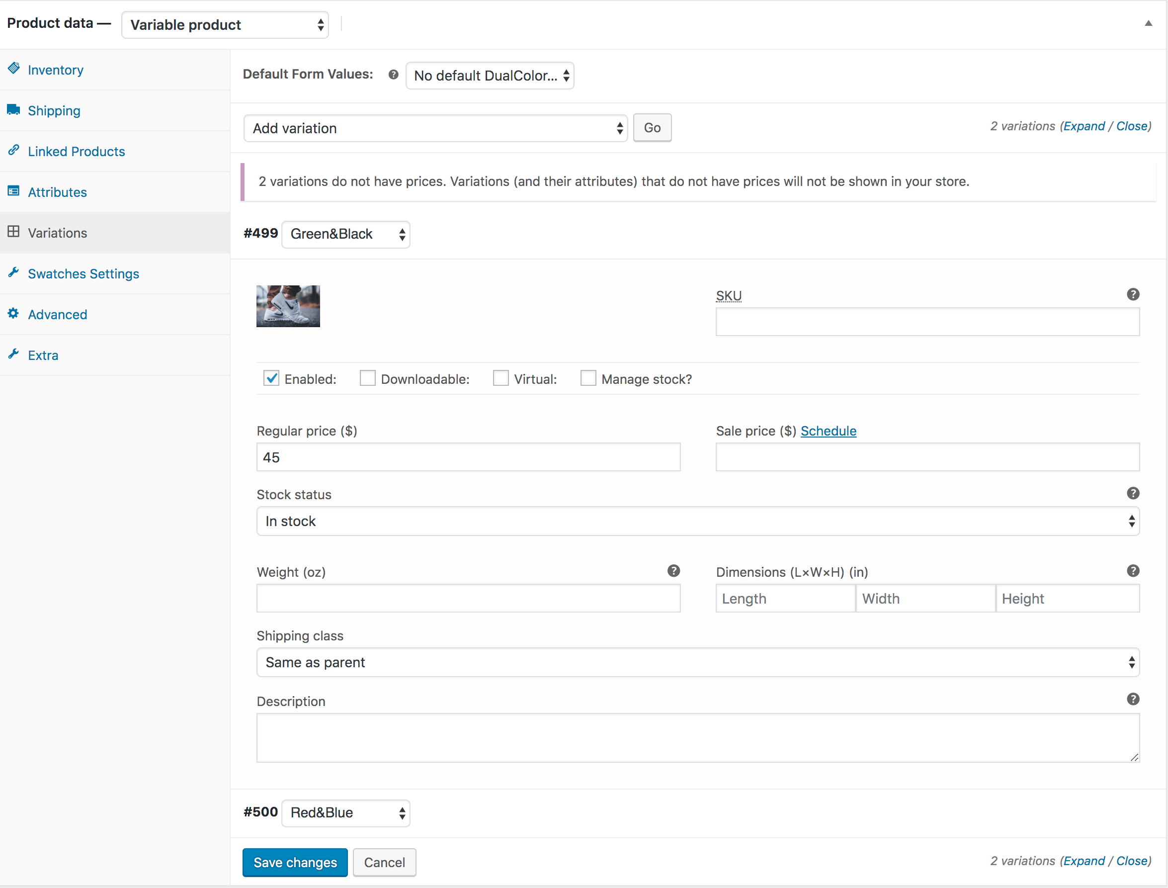adding price for each color