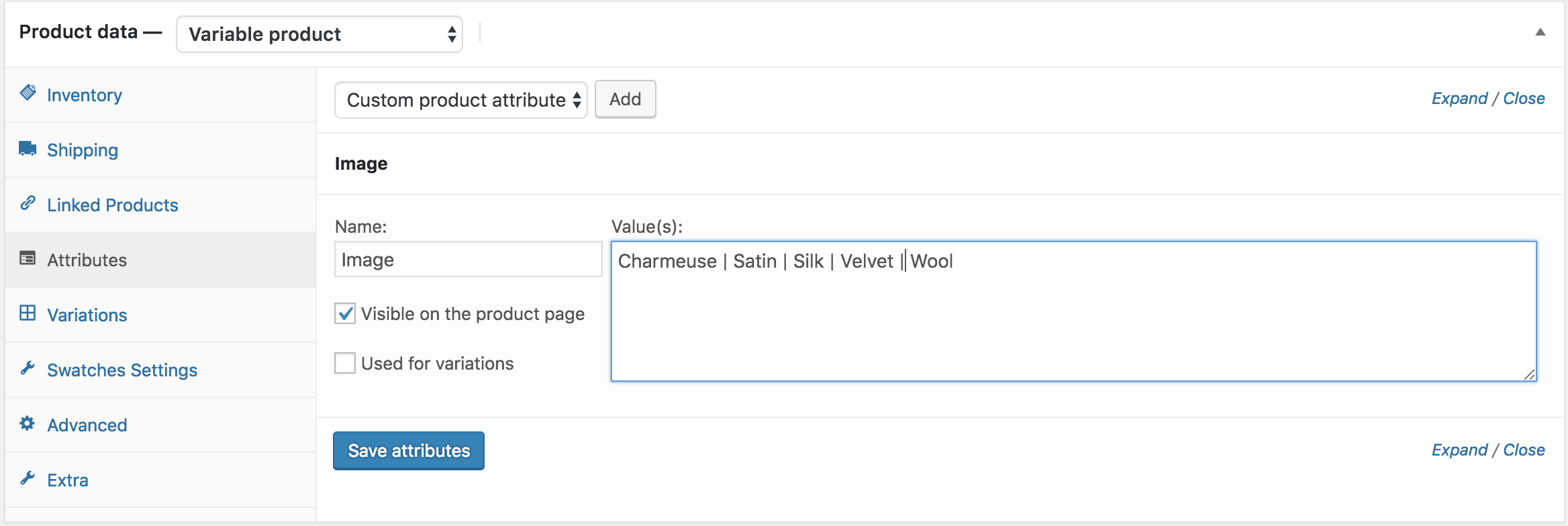 attributes variations setup manually