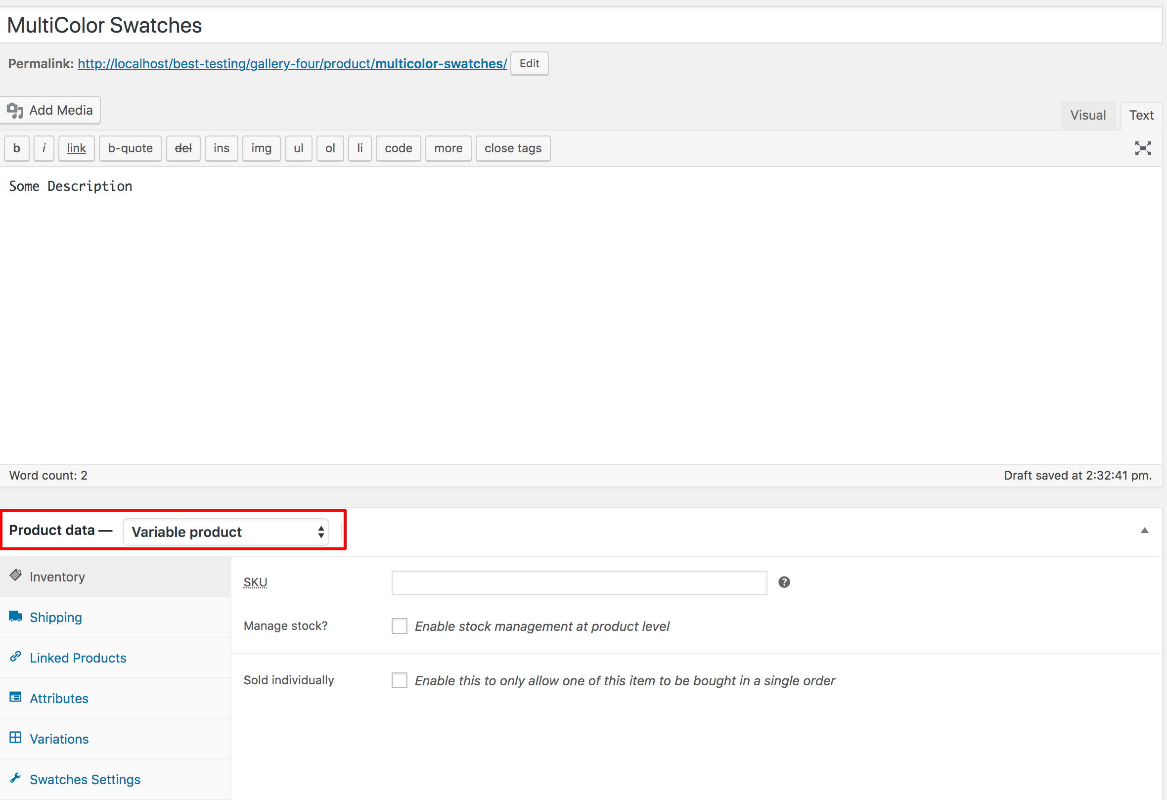 backend for creating variable products for multi color swatches