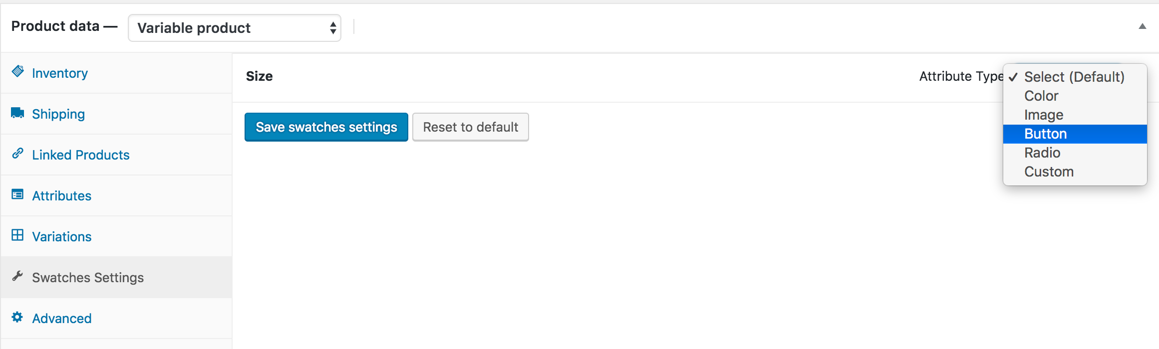 button selection as an attribute type