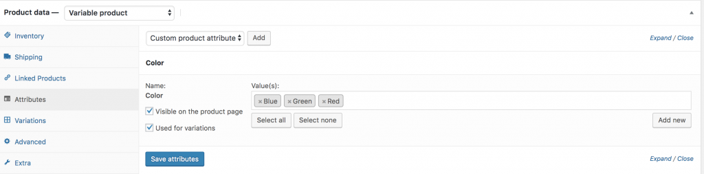 color variations selection from the color attribute