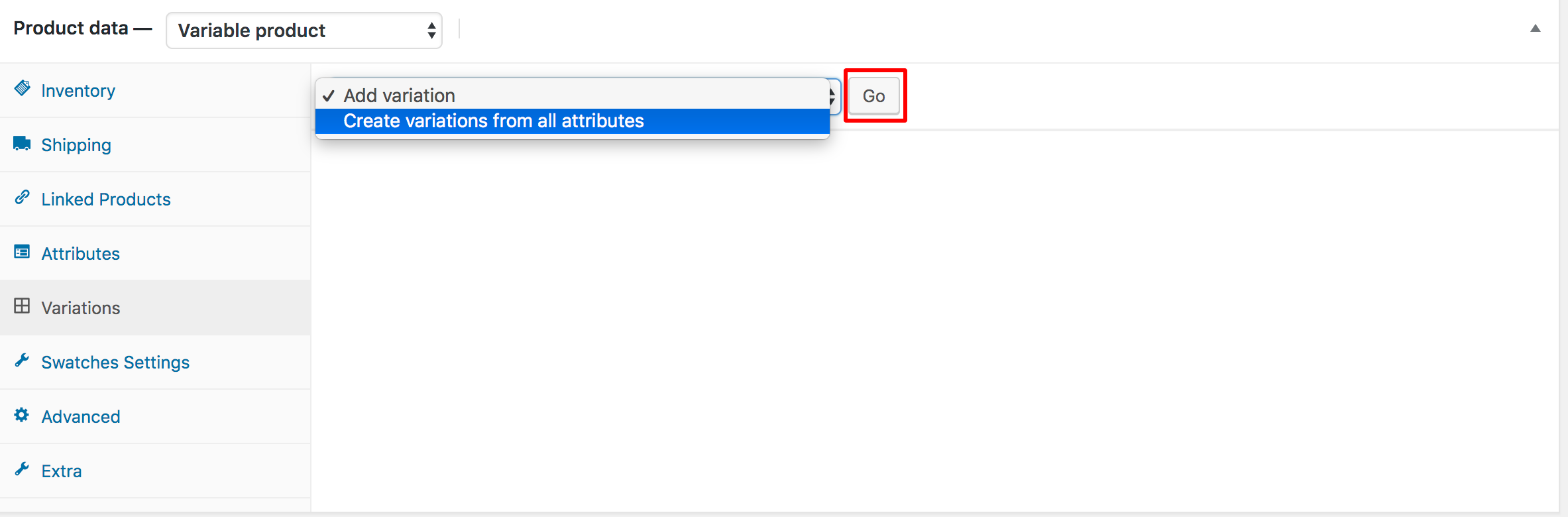 create variations from all attributes with go button