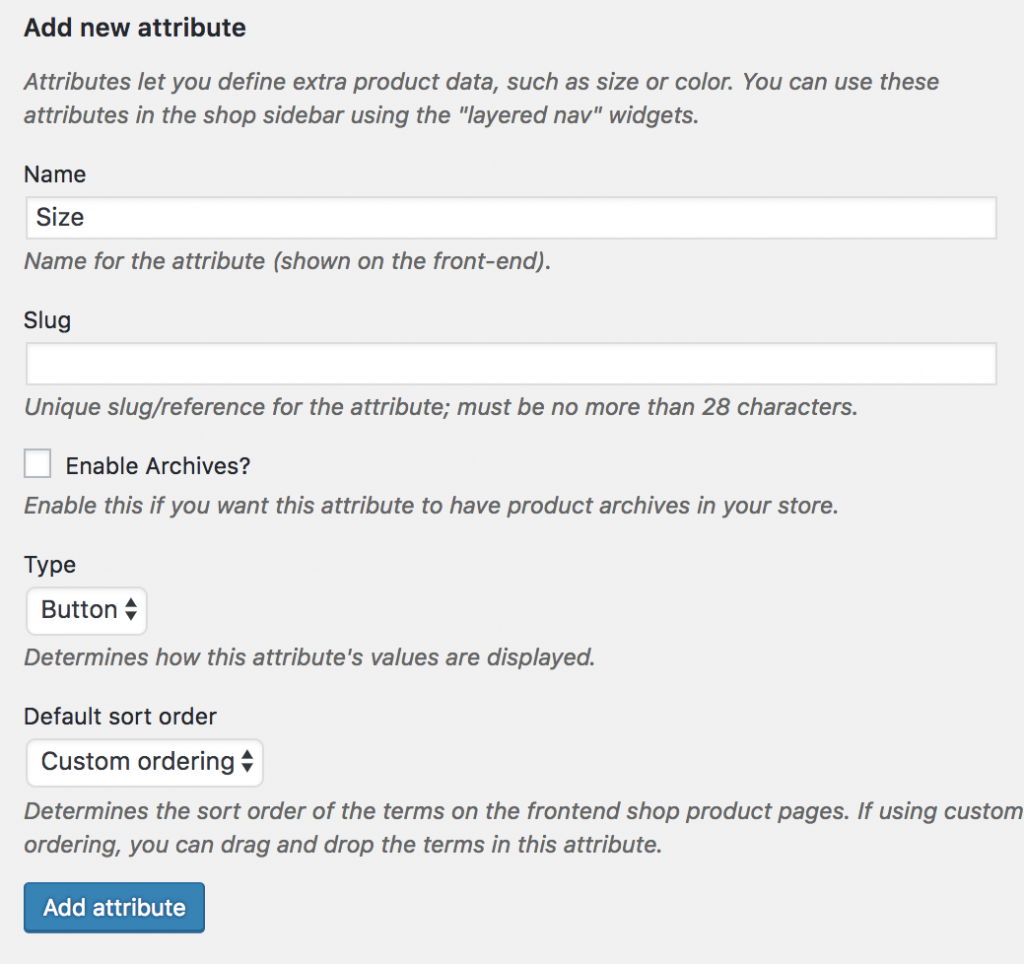 creating size attribute