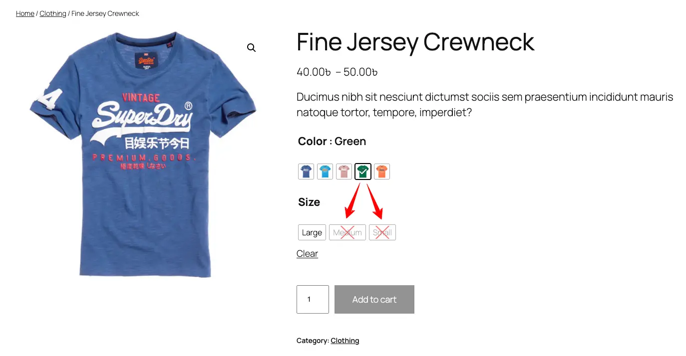 deselect the unavailable product on product page