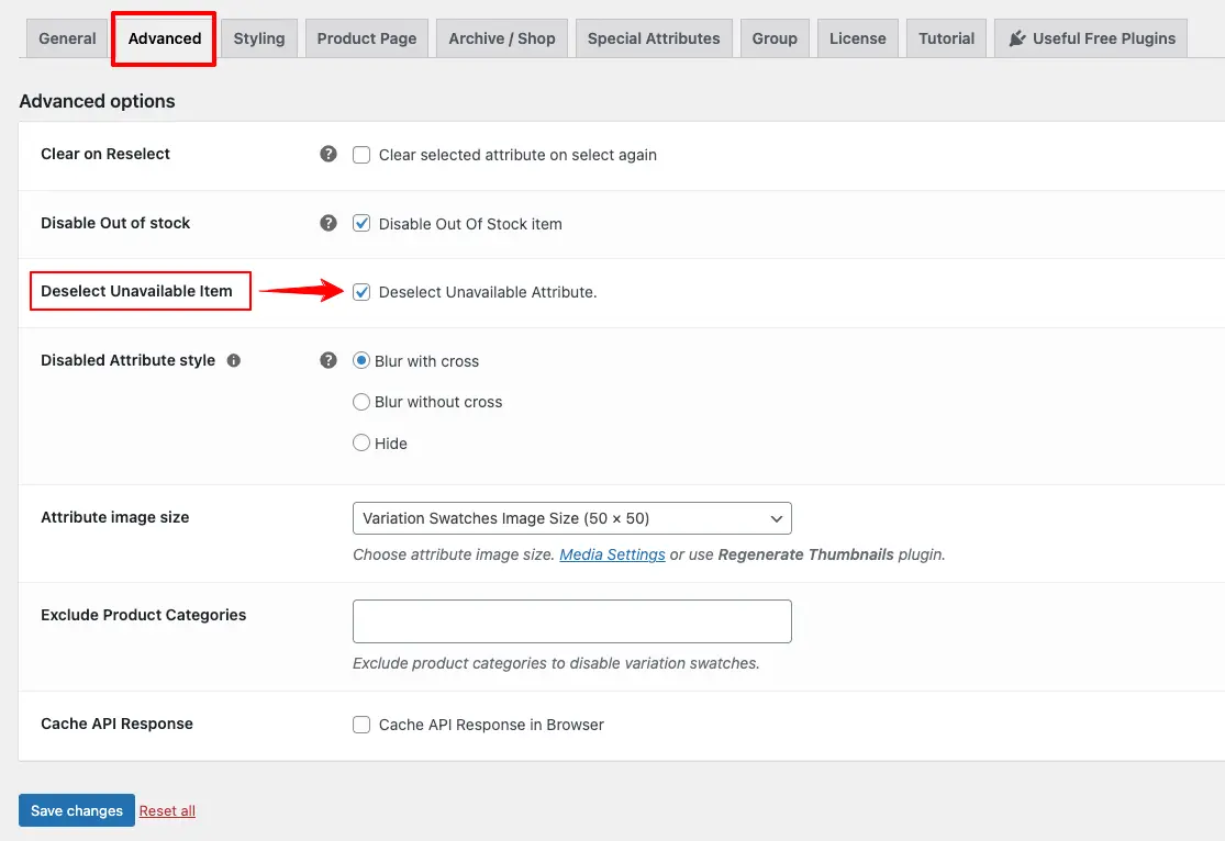 deselect unavailable item