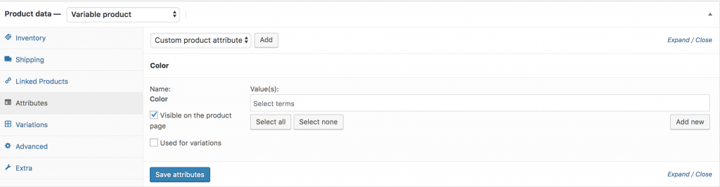 interface after selecting color attribute