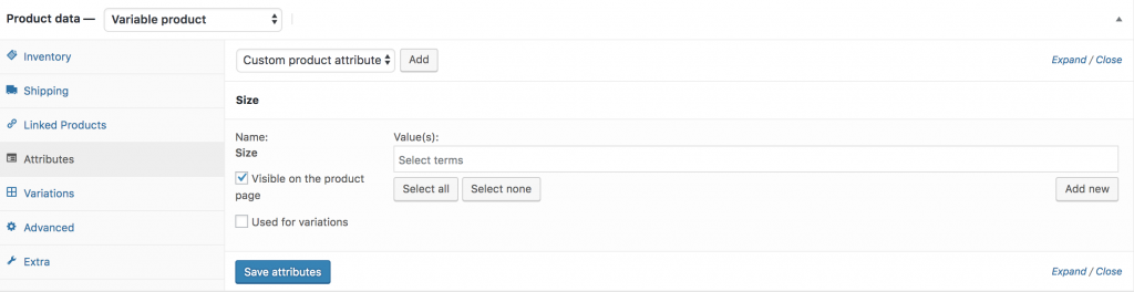 interface after selecting size attribute