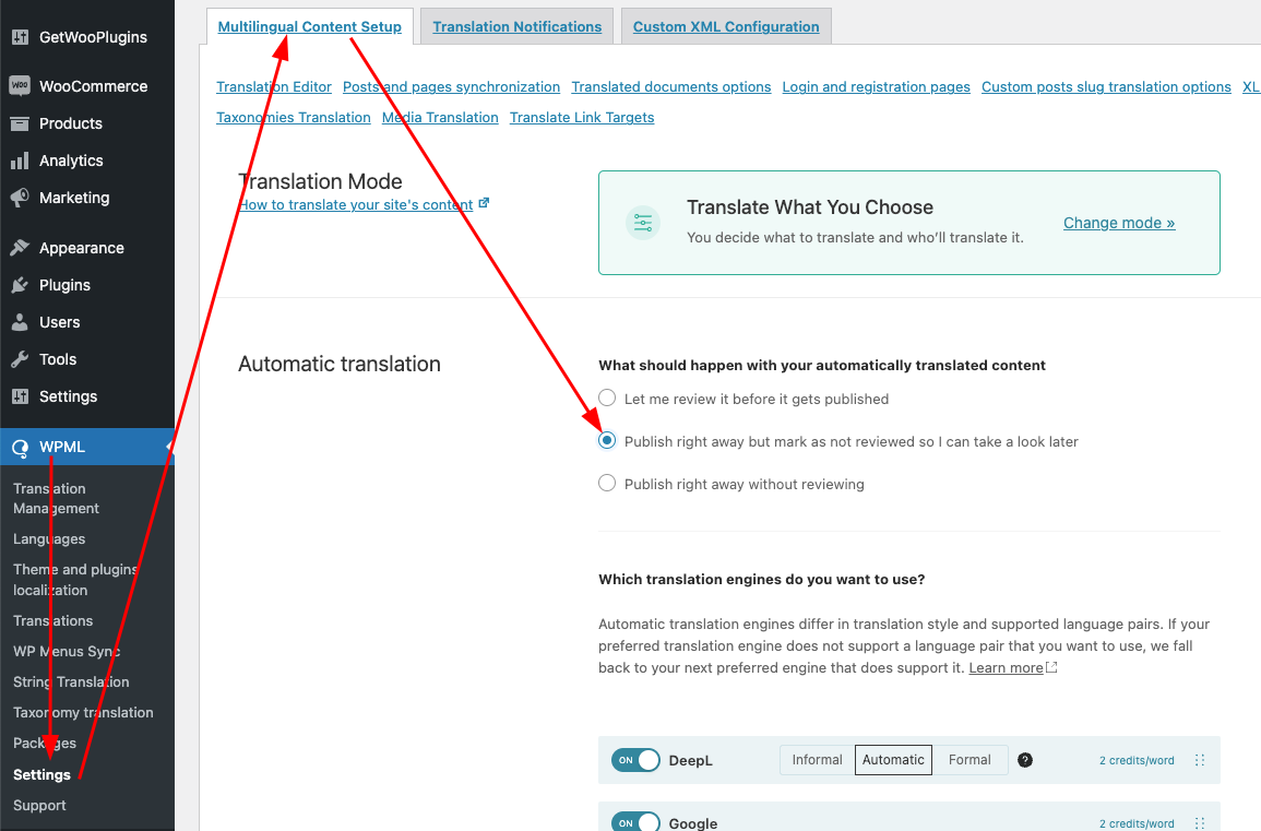 multilingual content setup