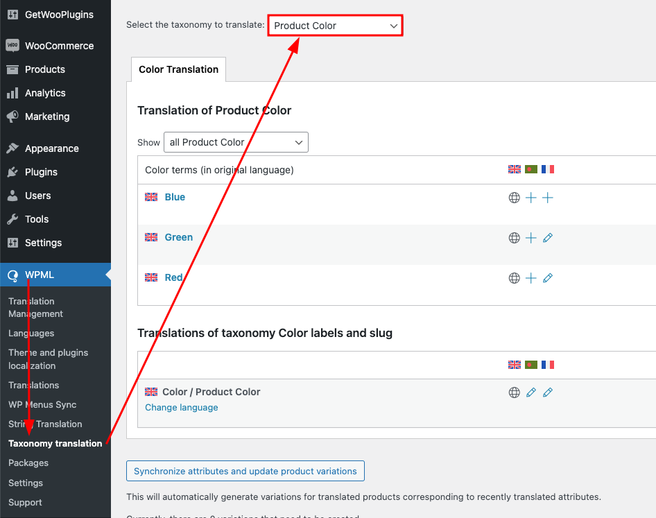 product color for taxonomy translation