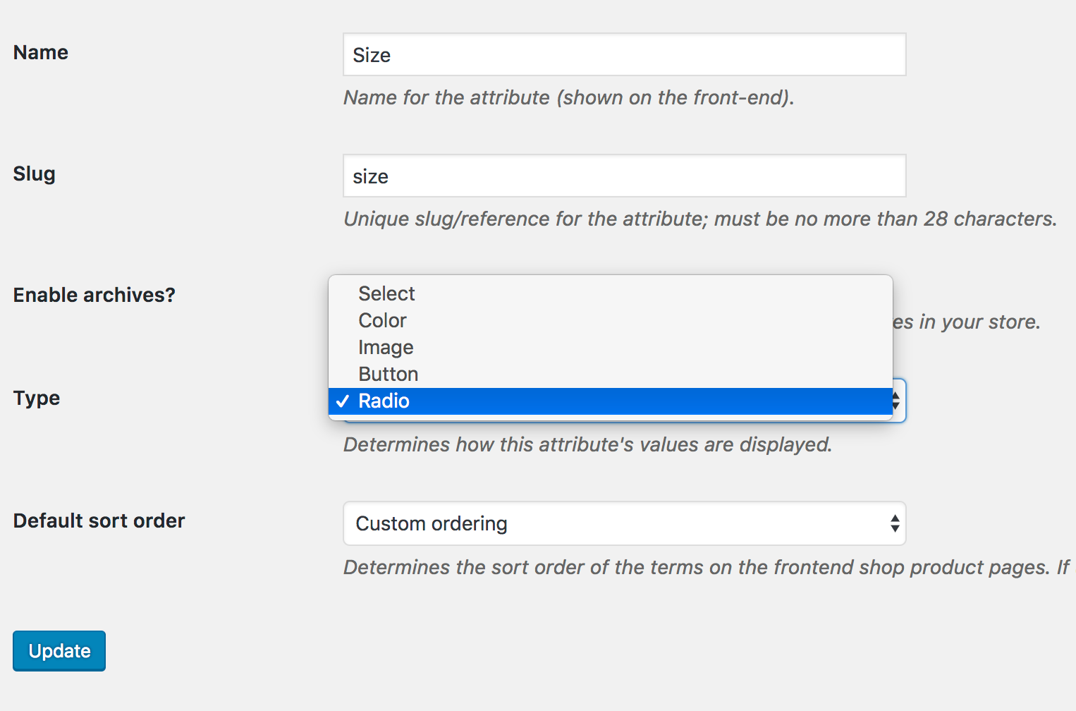 radio attribute selection