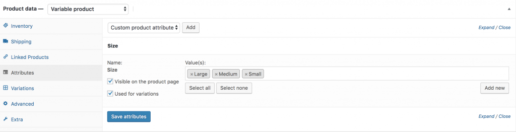 select all variations of size attribute