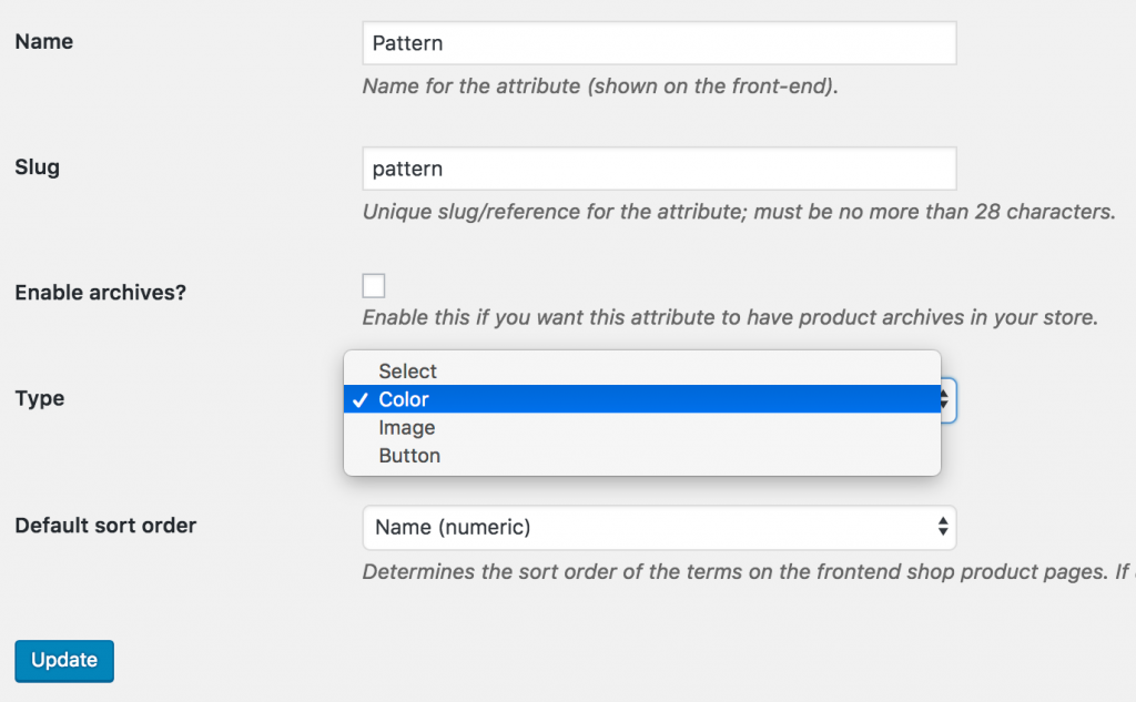 select color type for Pattern attribute