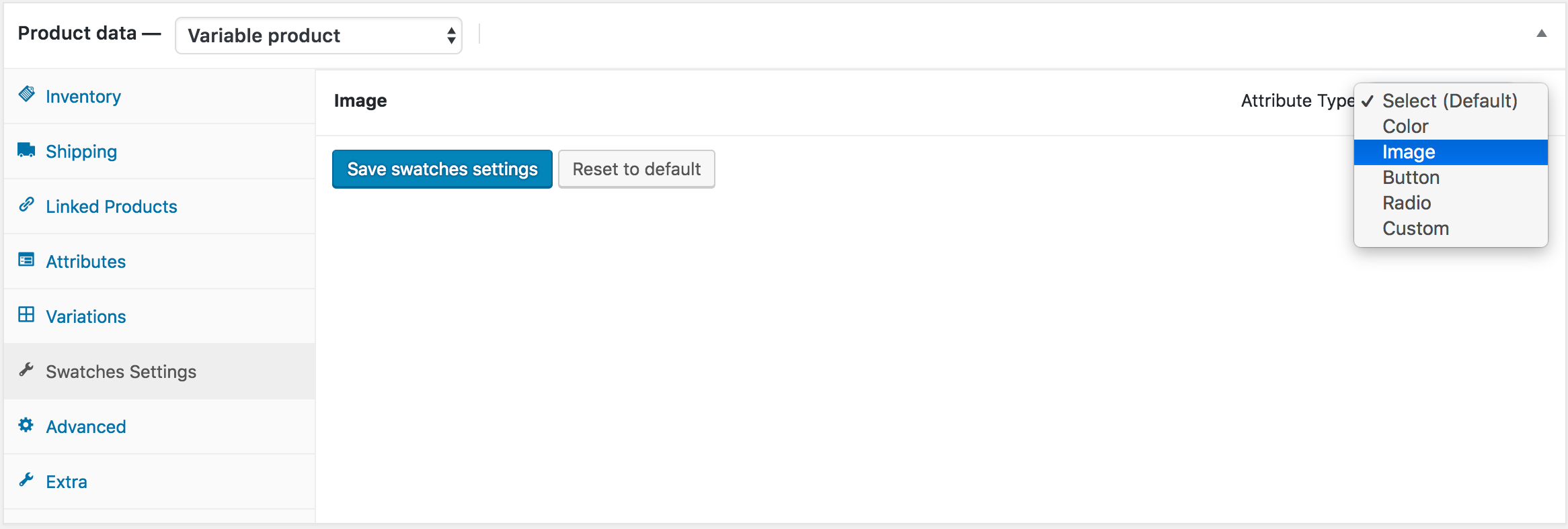 select type to image type from swatches settings