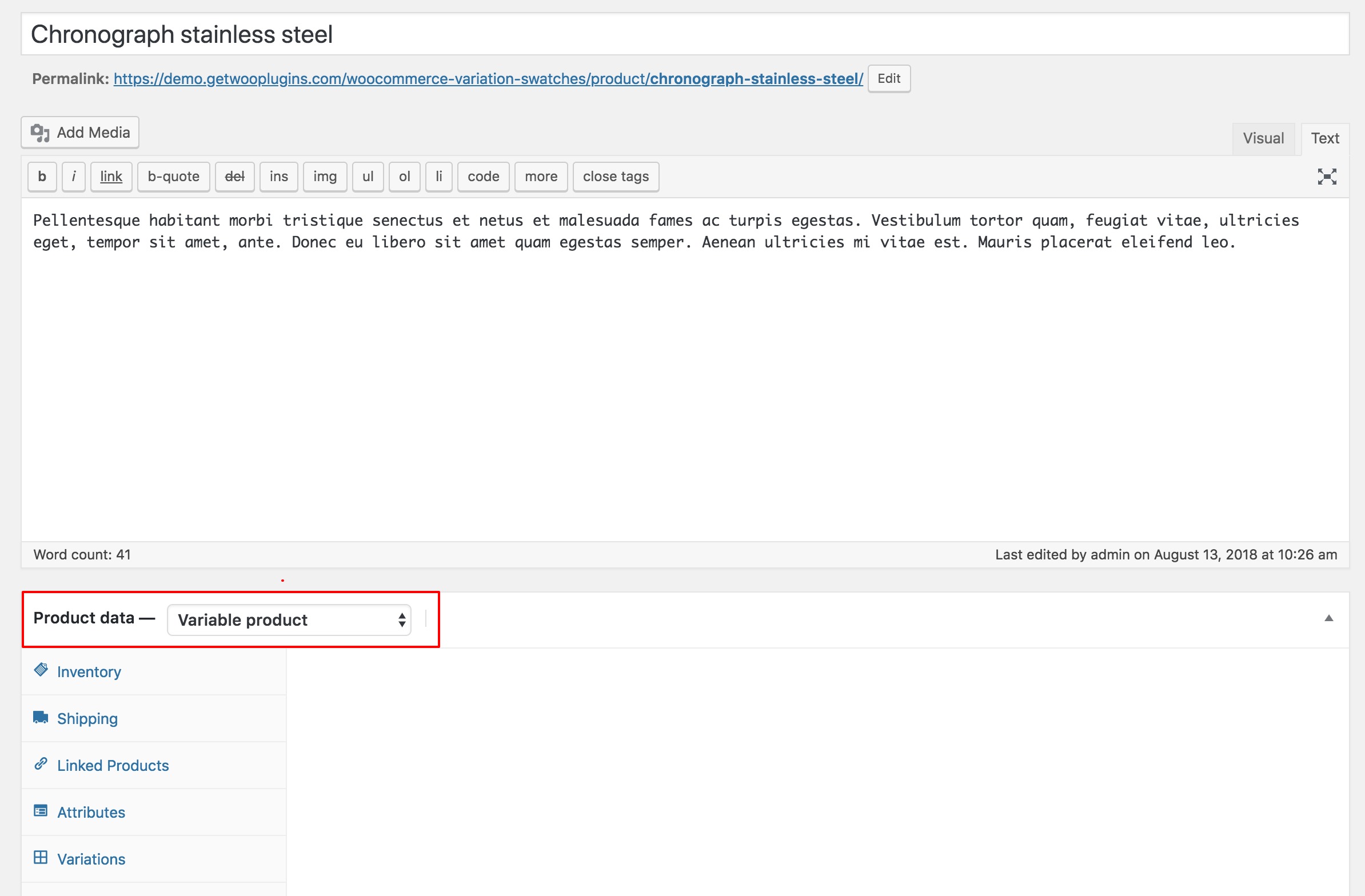 selecting variable product from product data