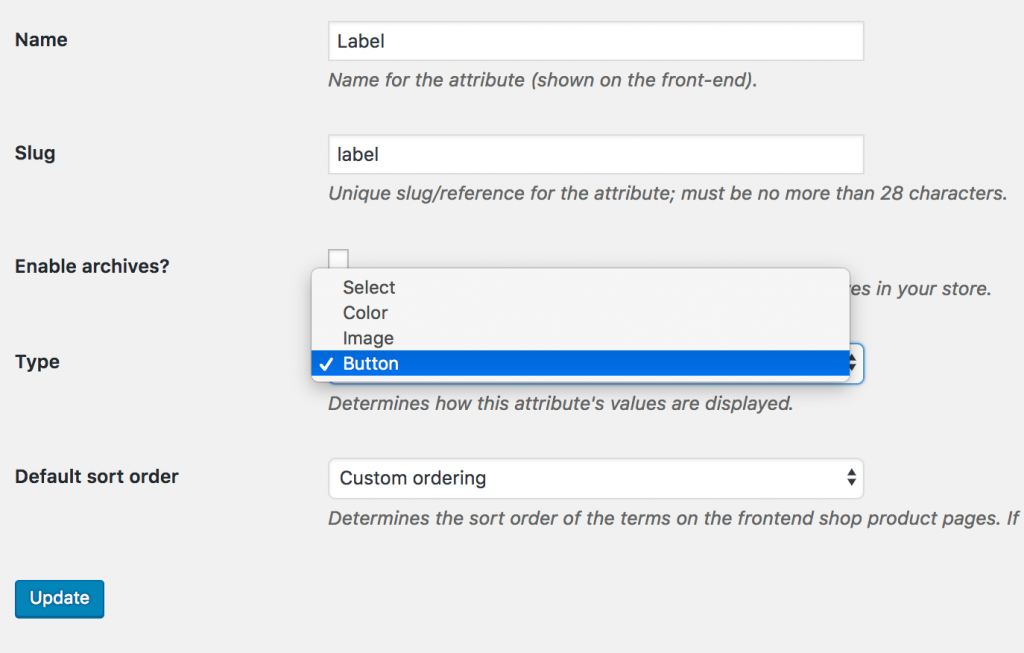 selection button attribute from Type option