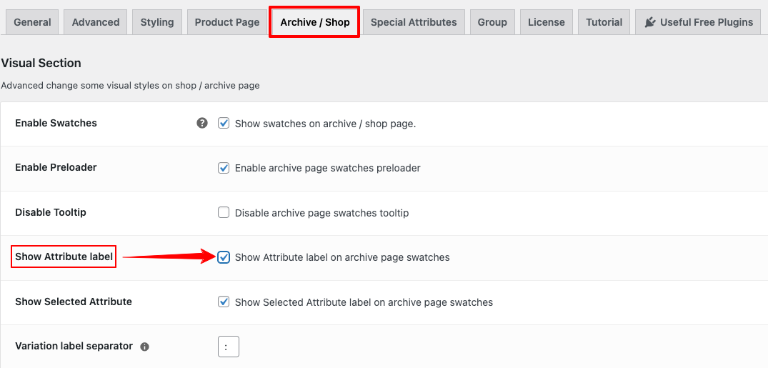 show attribute label setting page