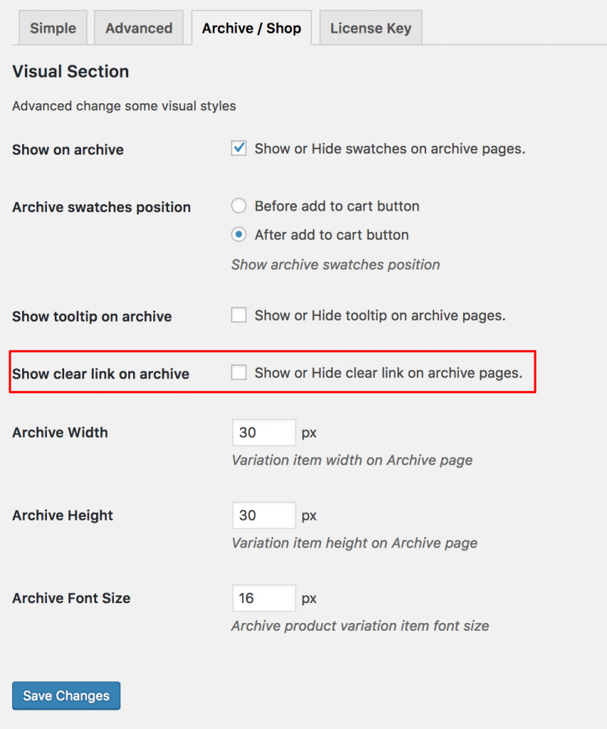 show clear link on archive
