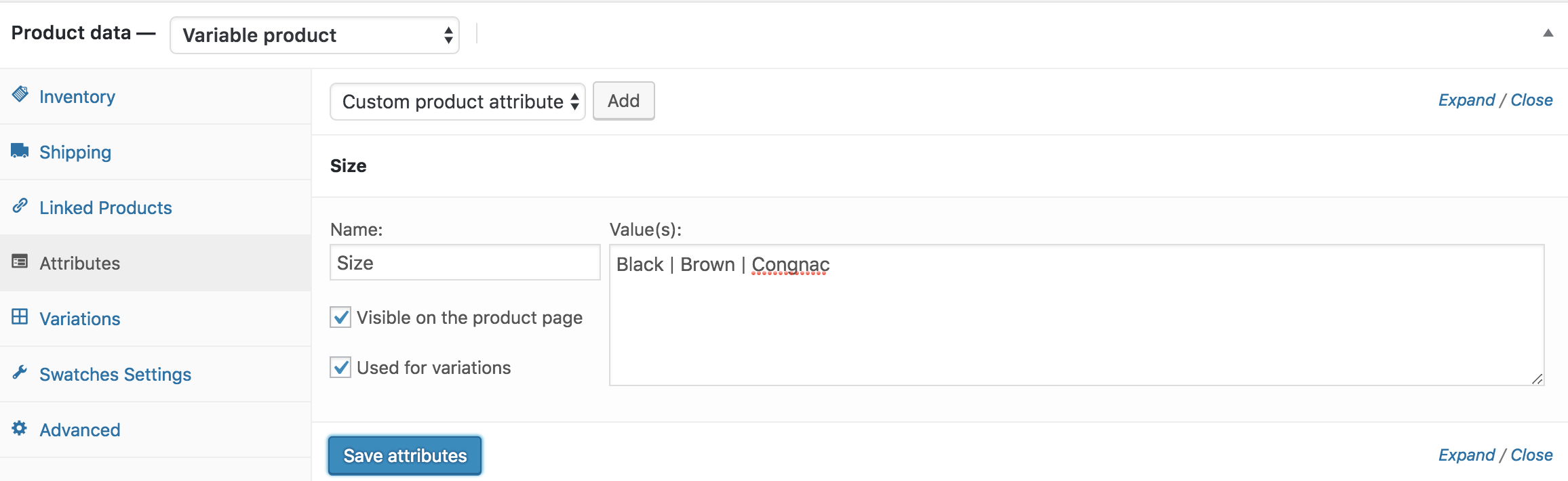 size attribute with variations separated by bar
