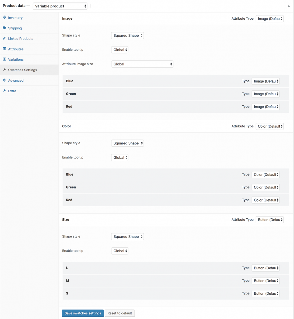 swatche settings interface