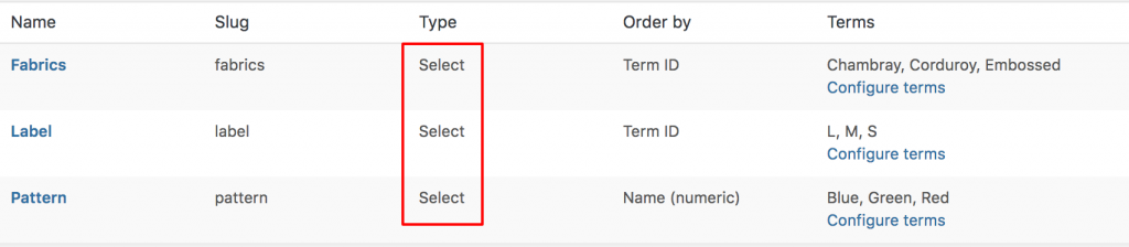 type select on attributes