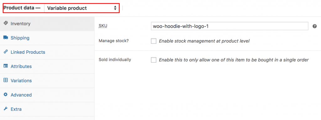 variable product selected from product data