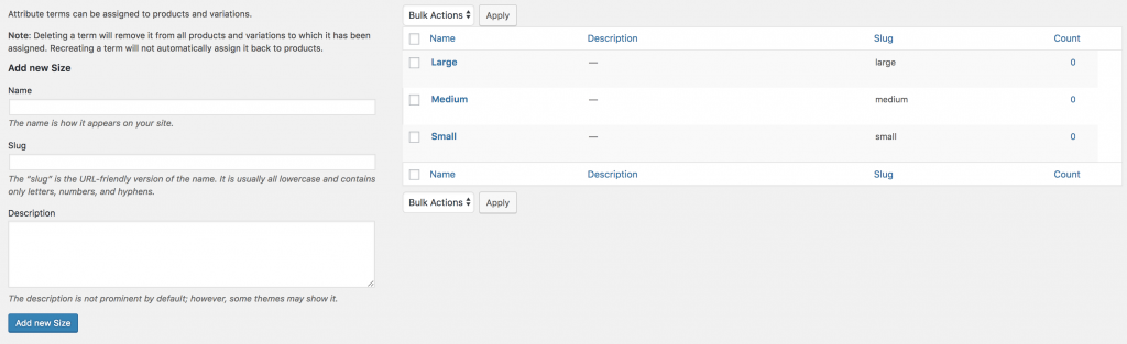 variations of size attribute created