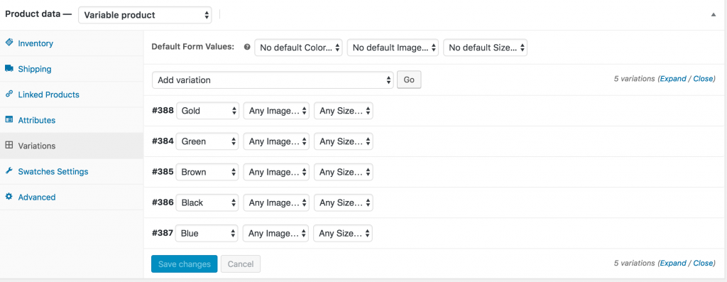 variations selection with any size
