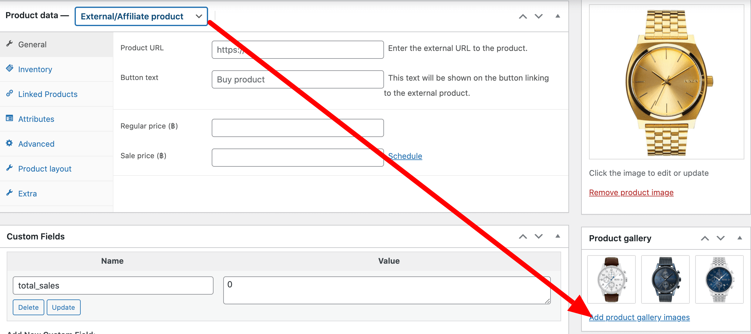 Upload YouTube Video In The External or Affiliate Product Image Gallery
