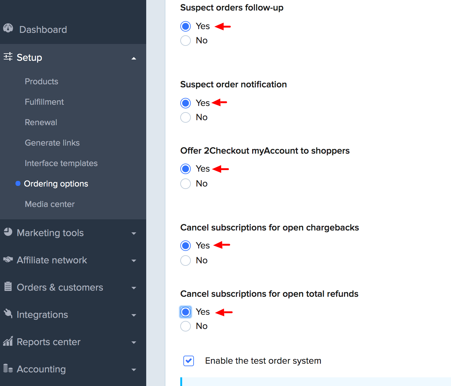 2Checkout setup ordering options