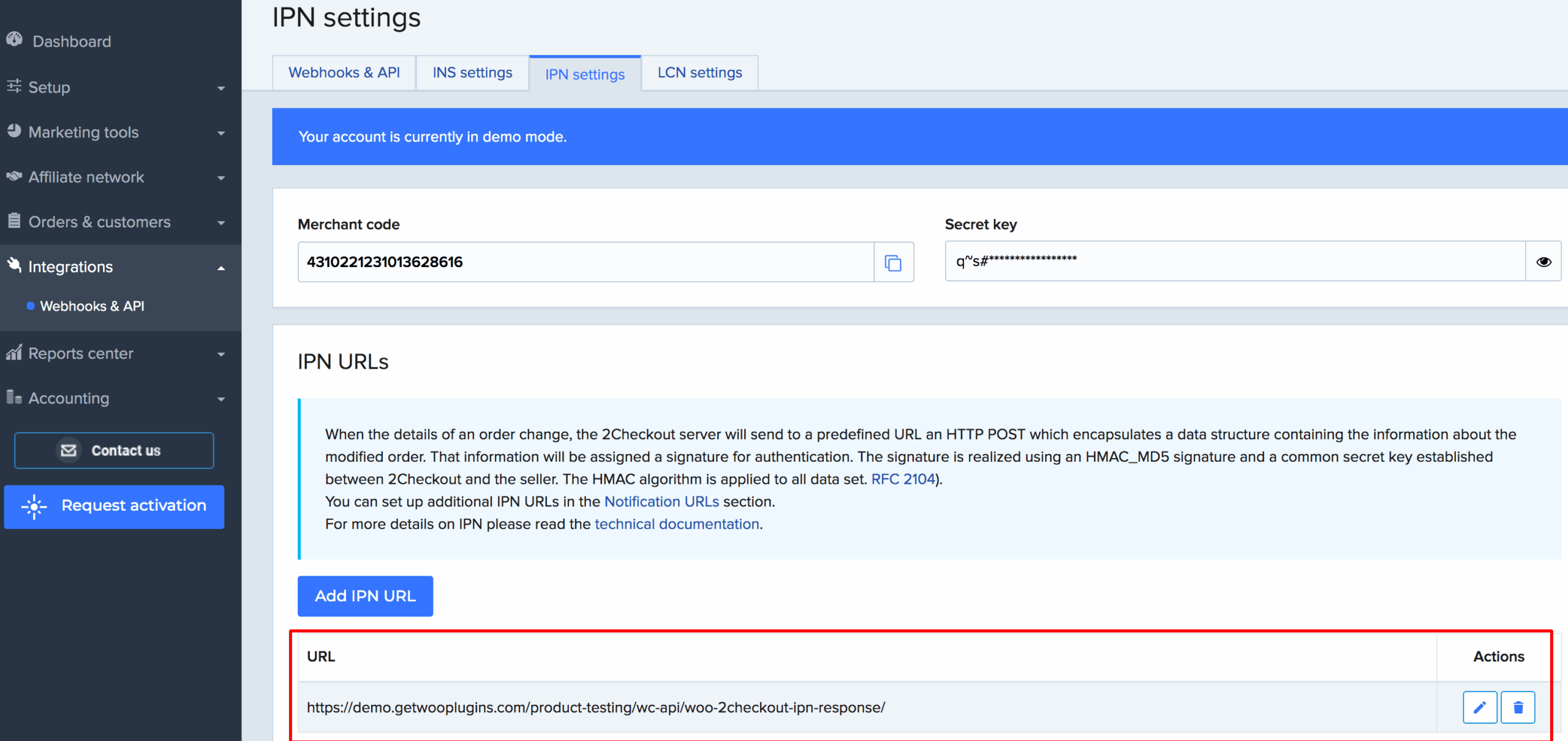 IPN URL added successfully