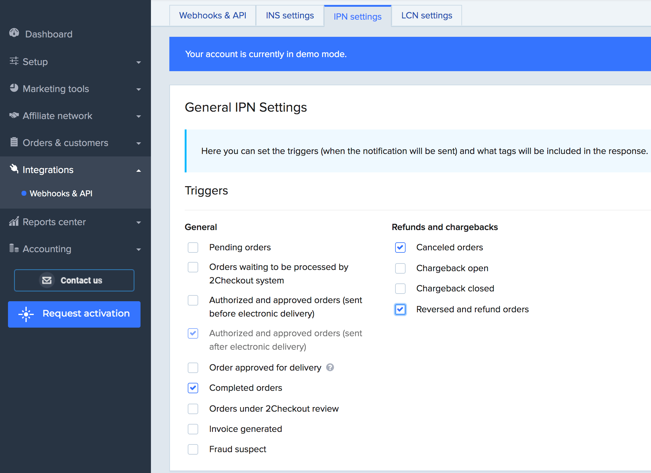 IPN settings interface