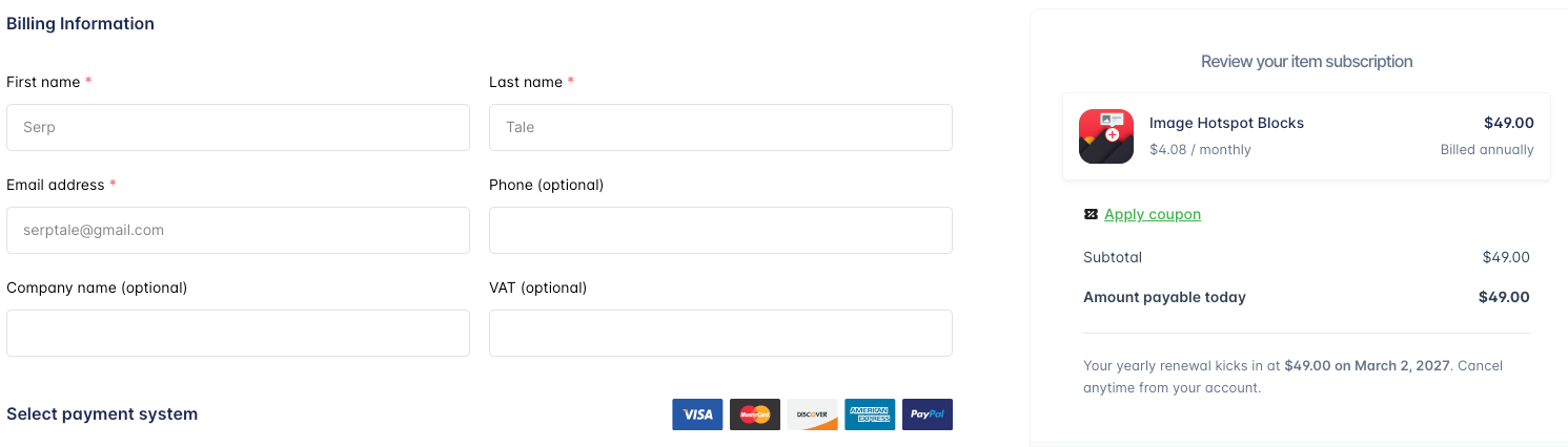 Image hotspot billing information