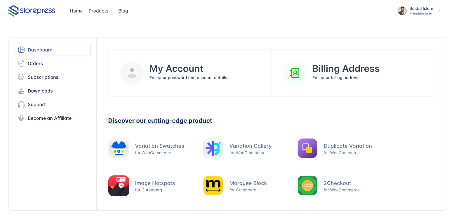 My account interface storepress