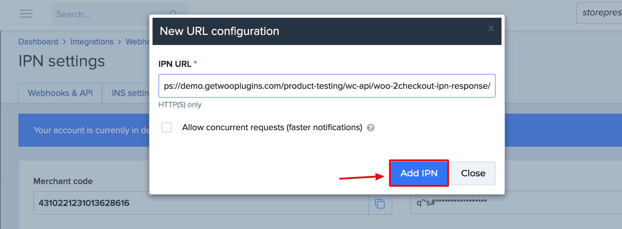 Paste the copied IPN URL