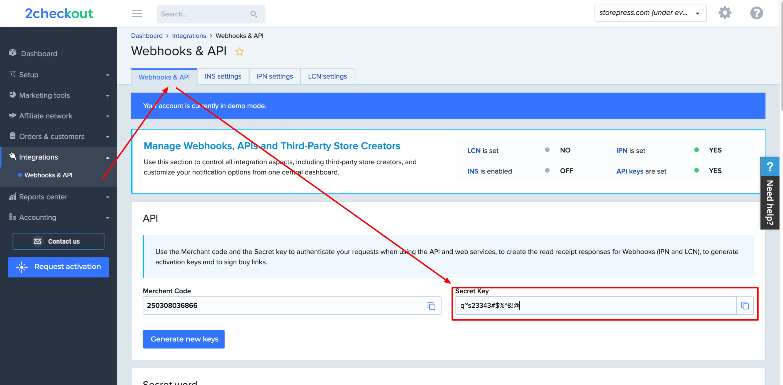 copy secret code from 2Checkout