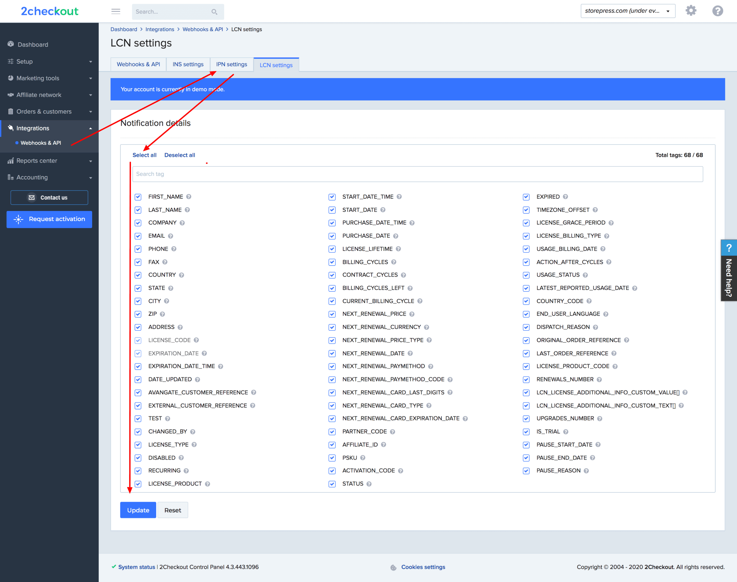 select all notification settings