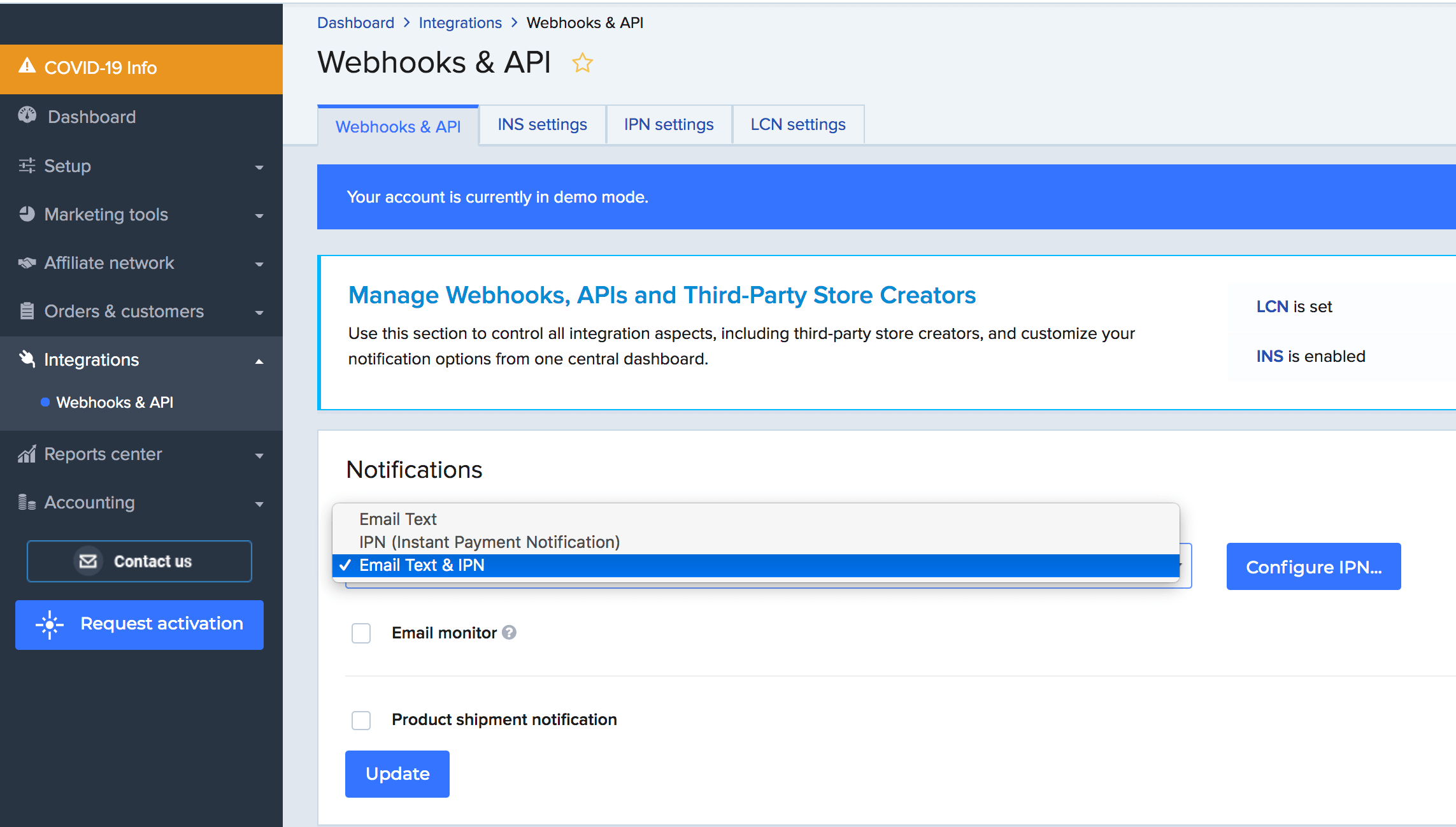 selection email text and IPN