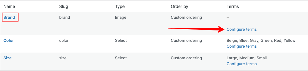Brand attribute configure terms